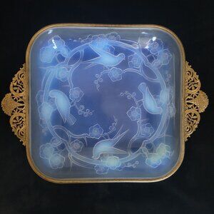 Antique French Julien Opalescent Glass Dish Birds & Floral Metal Rims & Handles